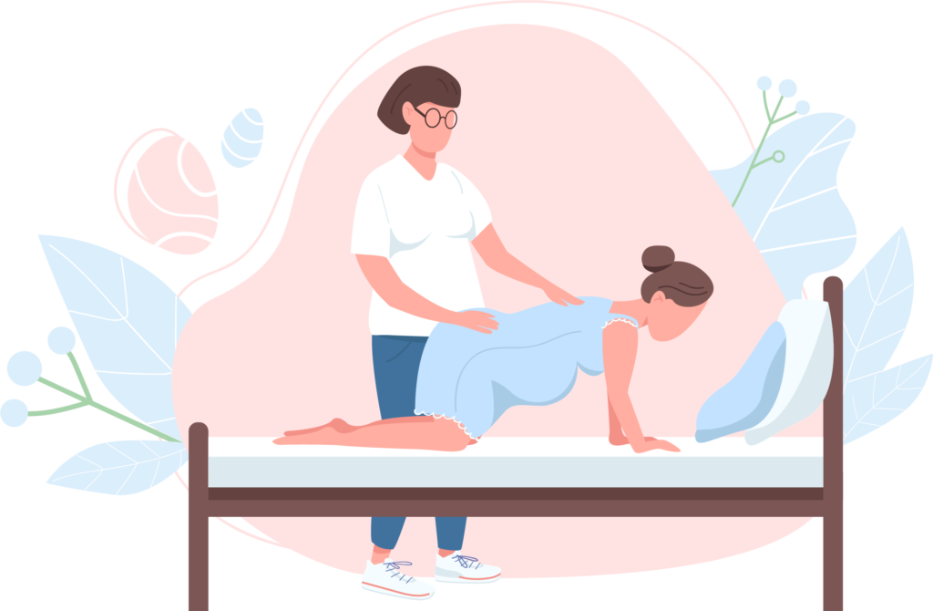 A cartoon of an expecting mother being helps in her stretches by a doula.