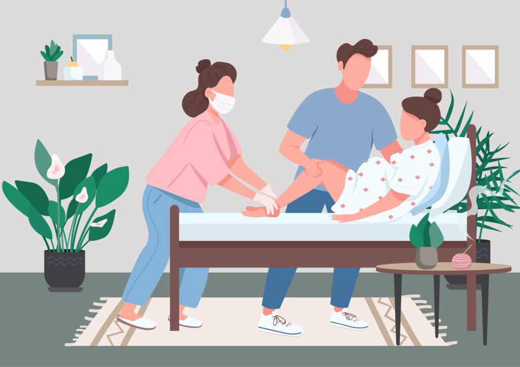 Cartoon of an expecting mother about to give birth and the father is standing by supporting the mother and a doula is coaching her through the birthing process.